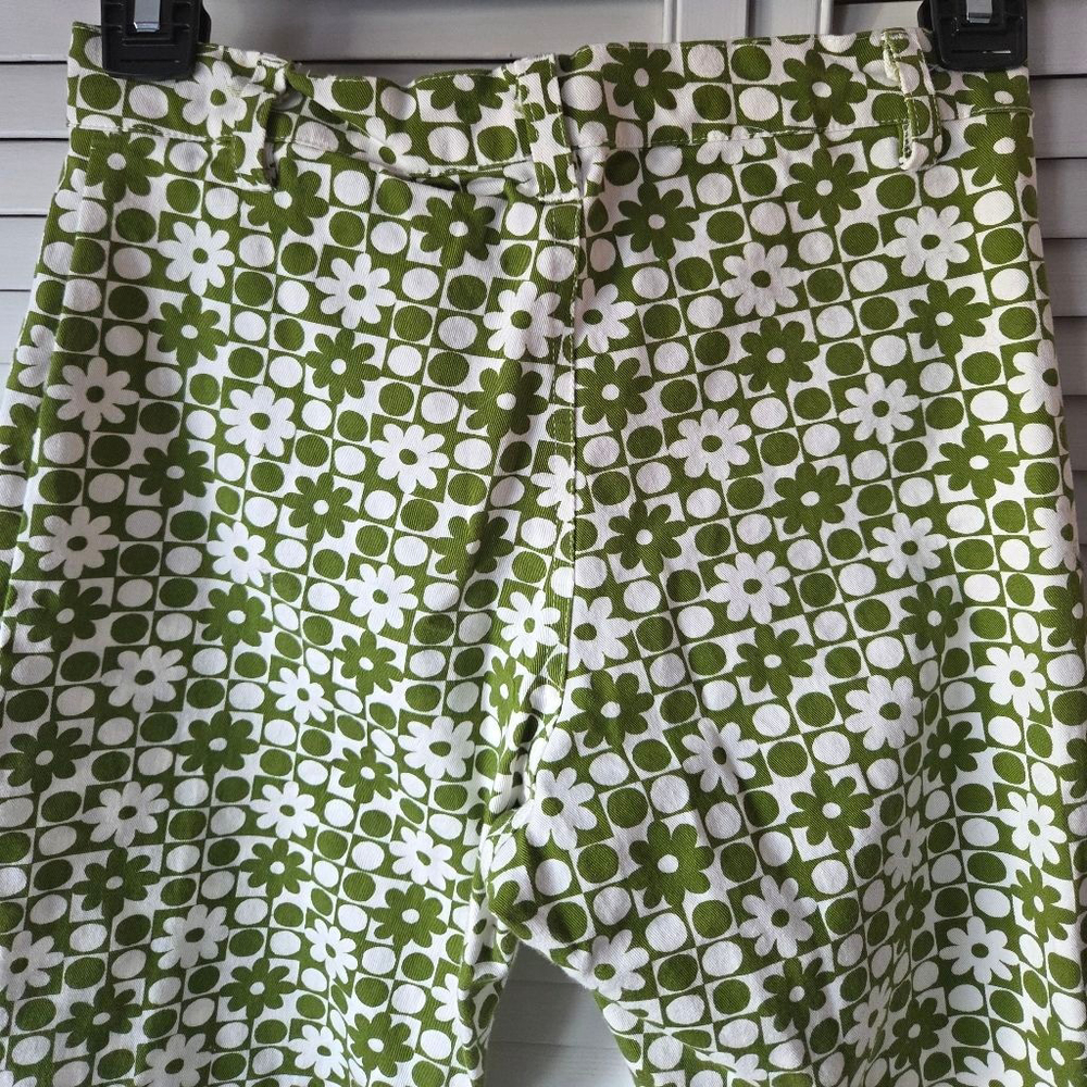 Motel Denim handmade cotton stretchy wide leg green and white flower pants - Picture 7 of 11